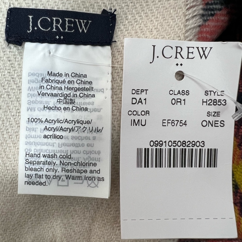 NWT J. Crew Factory plaid off white pink navy green yellow plaid fringe scarf - Picture 9 of 9